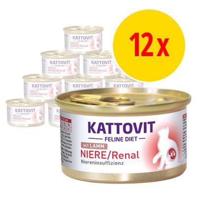 Kattovit Feline Diet Niere/Renal med lamm, 12-pack burkar. Text på förpackning: Niereninsuffizienz. Metallburk med synlig produktnamn och antal.